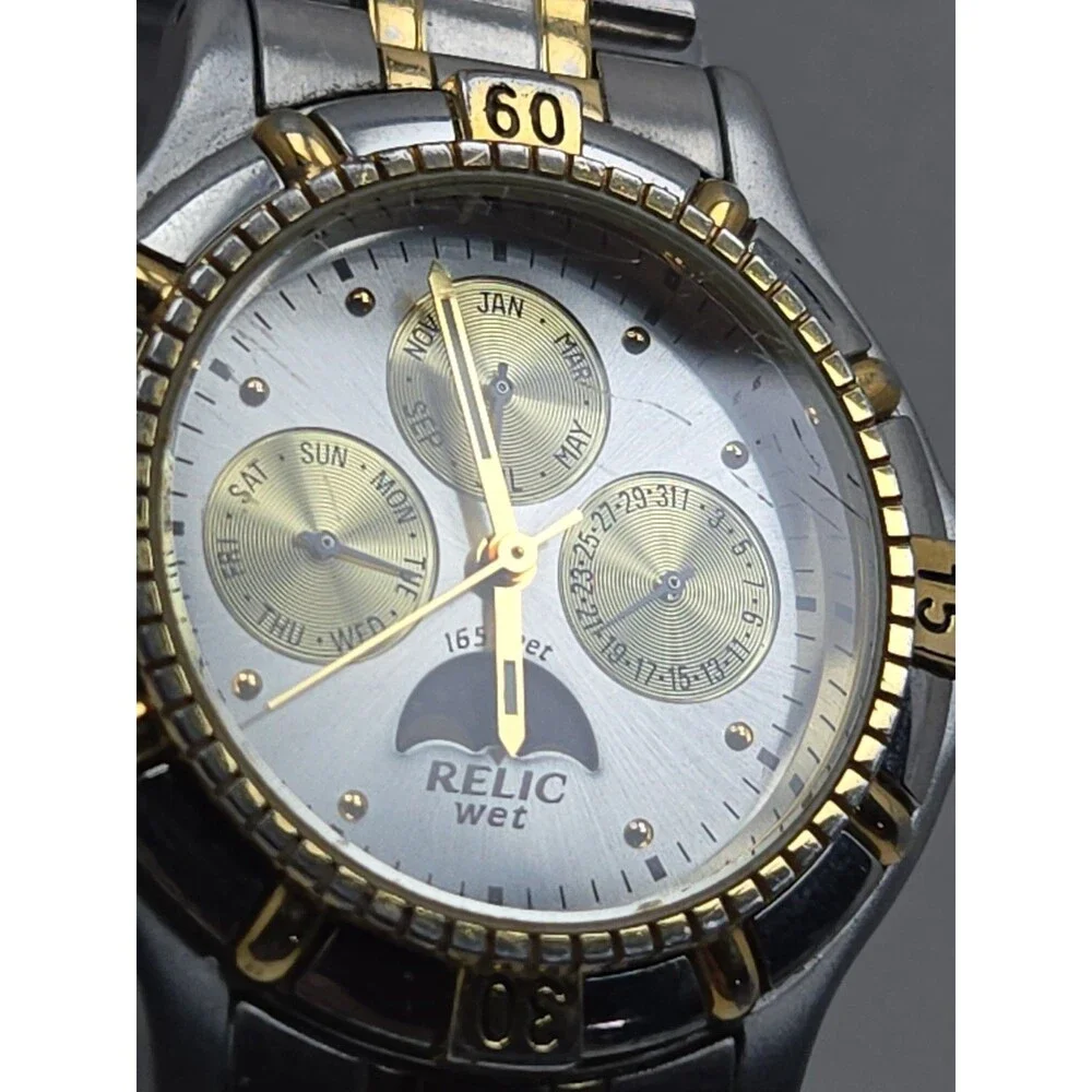 Vintage Relic Wet Mens Moon Phase Calendar Two Tone Stainless Quartz New Battery